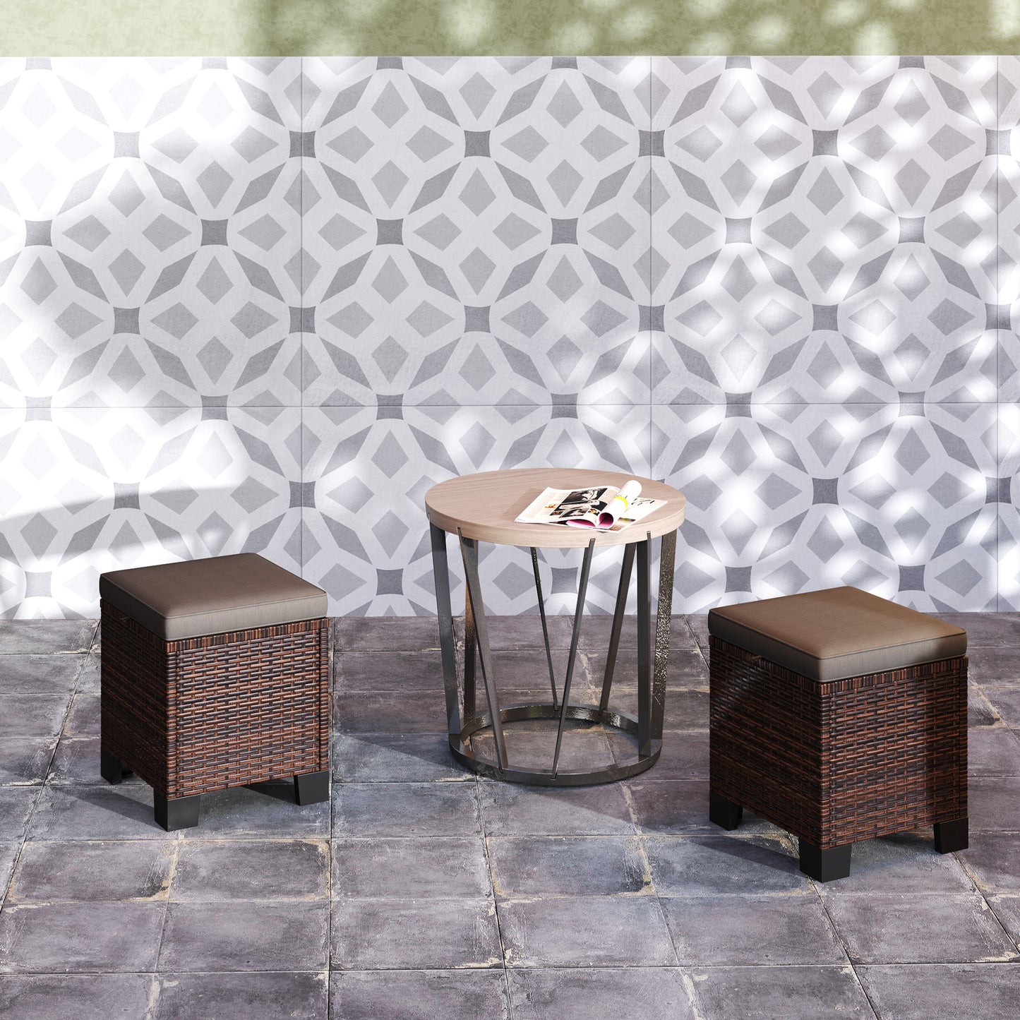 2-Piece Gray Wicker Outdoor Ottomans with Cushions