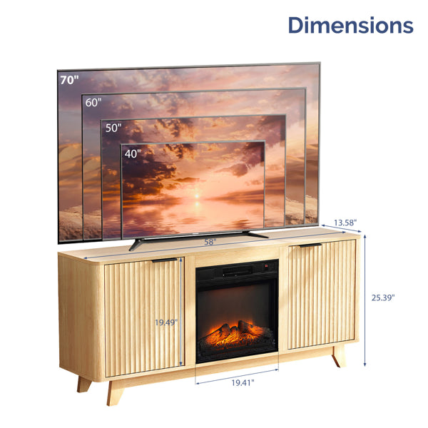 Oak Finish Fireplace TV Stand with 18-Inch Insert - 58x13.6x25.4