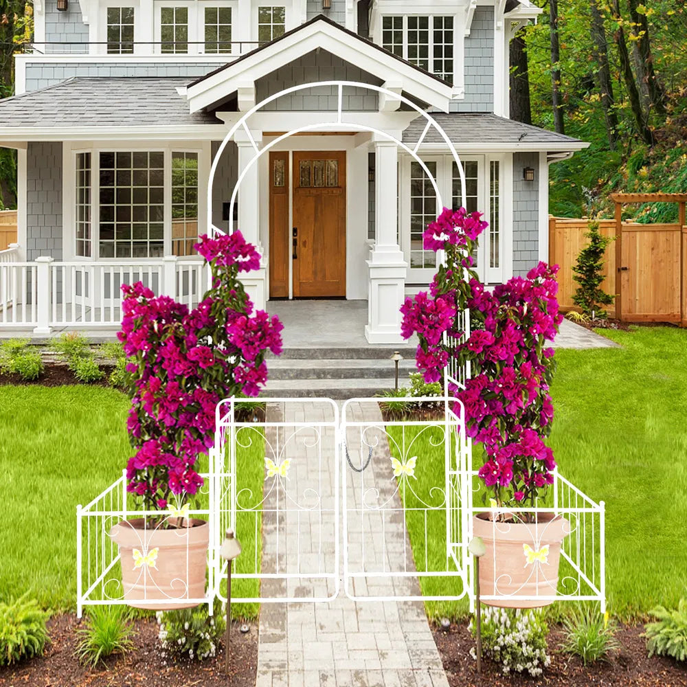 Metal Garden Arch with Gate for Climbing Plants - 79.5" x 86.6"
