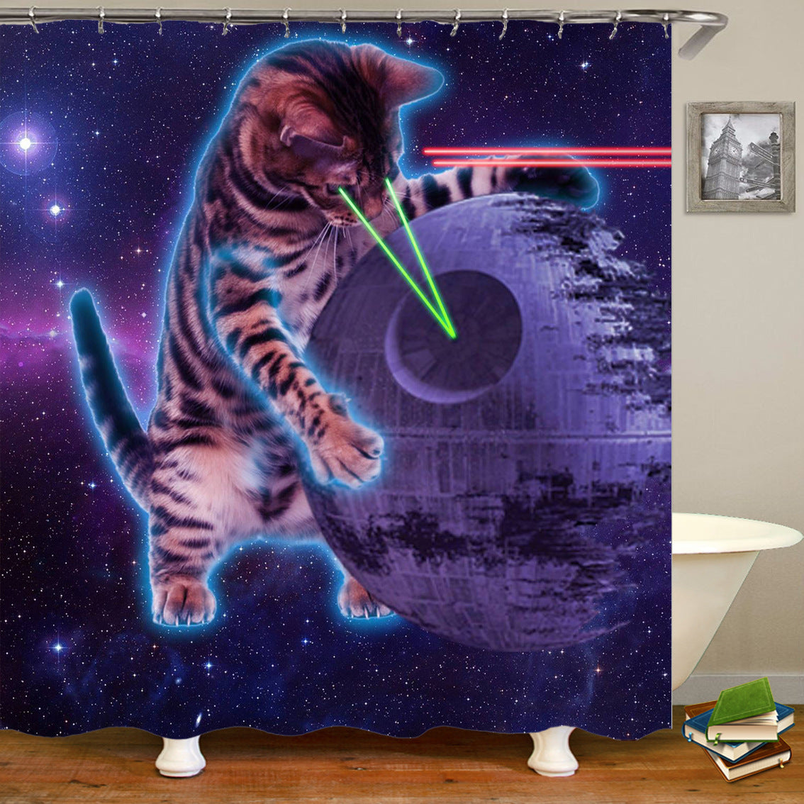 Cute Cat Shower Curtain Waterproof Fabric with Hooks - Funny Bathroom Decor