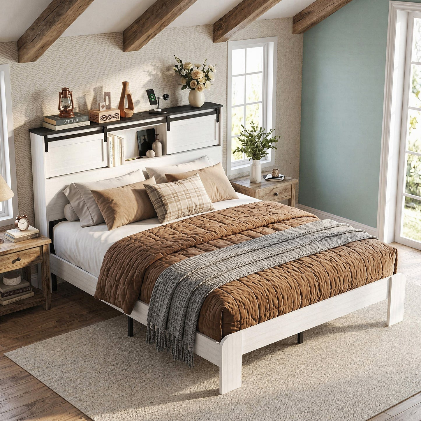 Farmhouse Queen Size Bed Frame with Storage & USB Charging