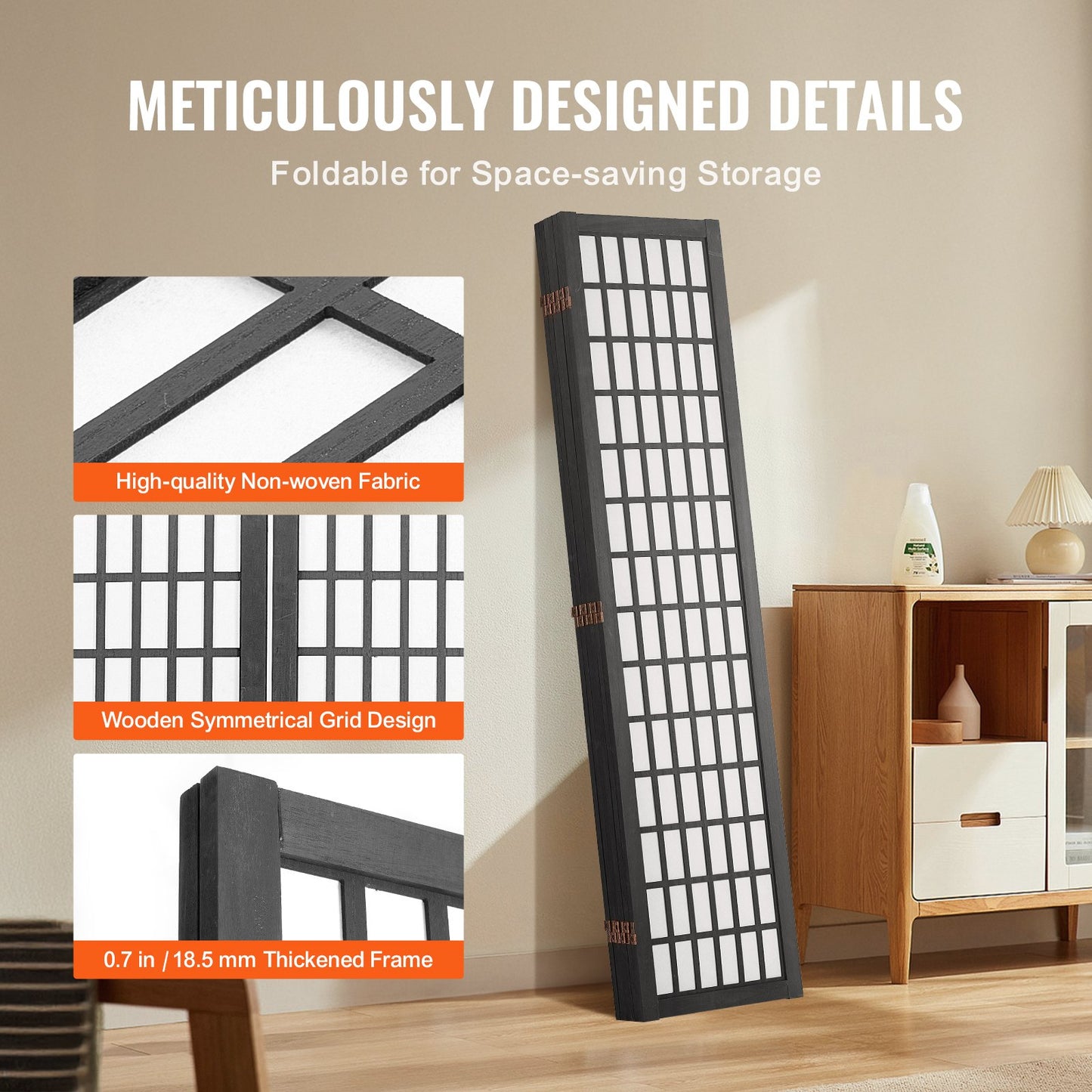 Japanese Room Divider - 6 Panel Folding Privacy Screen - Black