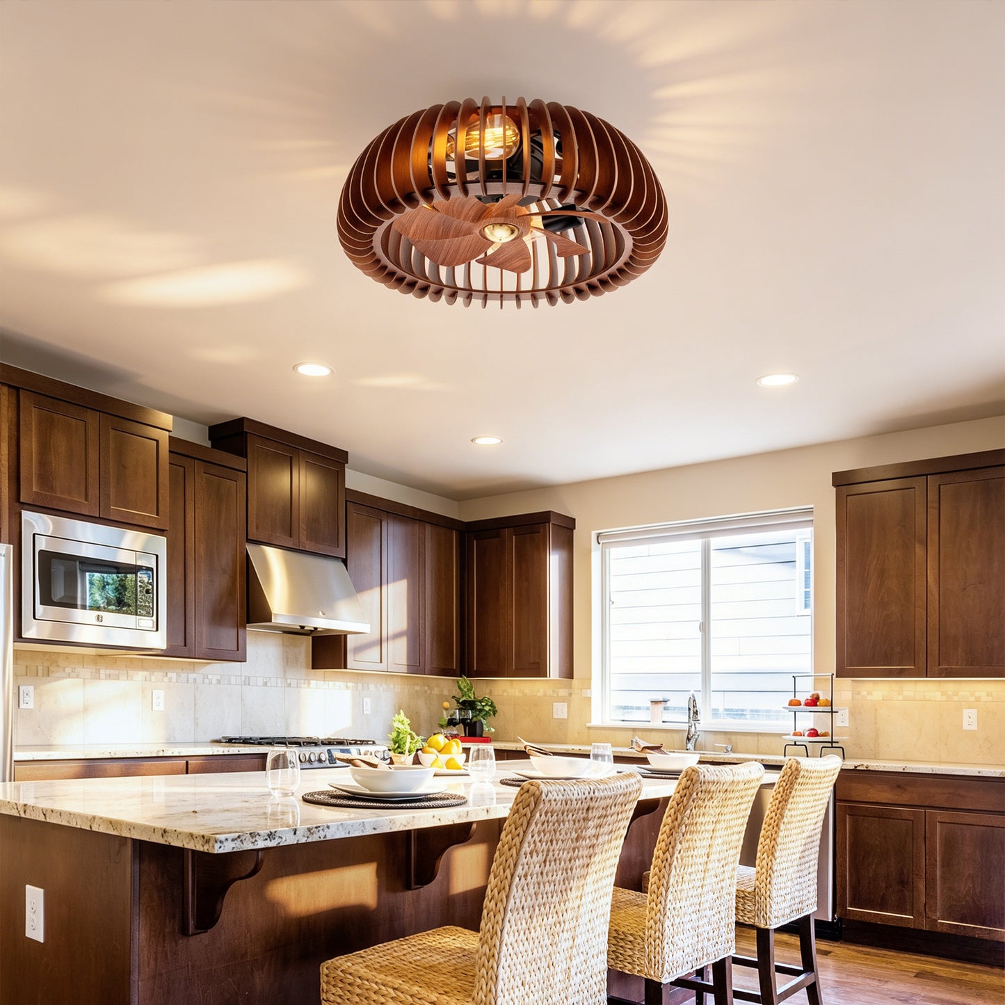 20" Semicircle Modern Flush Mount Ceiling Fan Light with Remote Control - Wood
