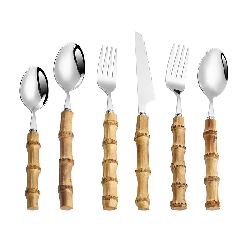 Natural Bamboo & Stainless Steel Tableware Set - 6-Piece Kitchen Dinnerware