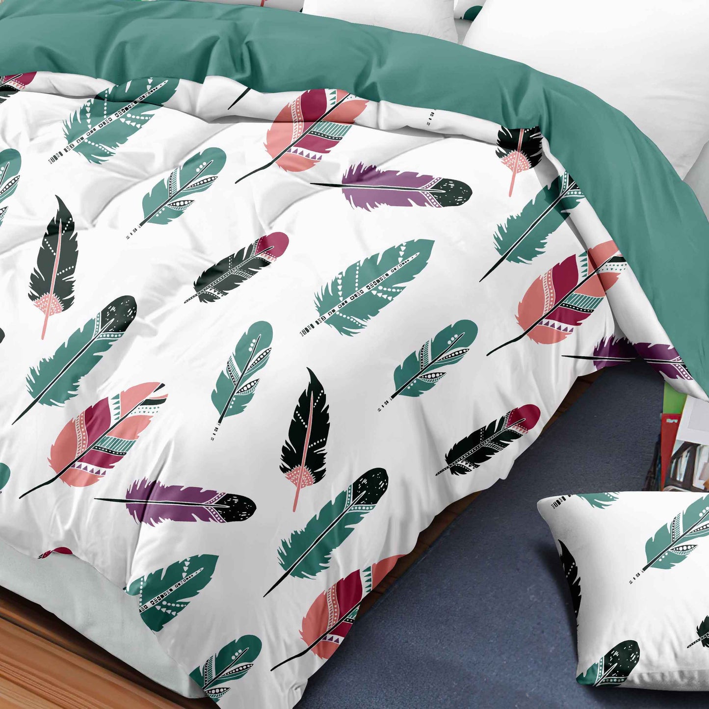 9-Piece Boho Feather Print Quilt & Curtain Set with Customizable Panels
