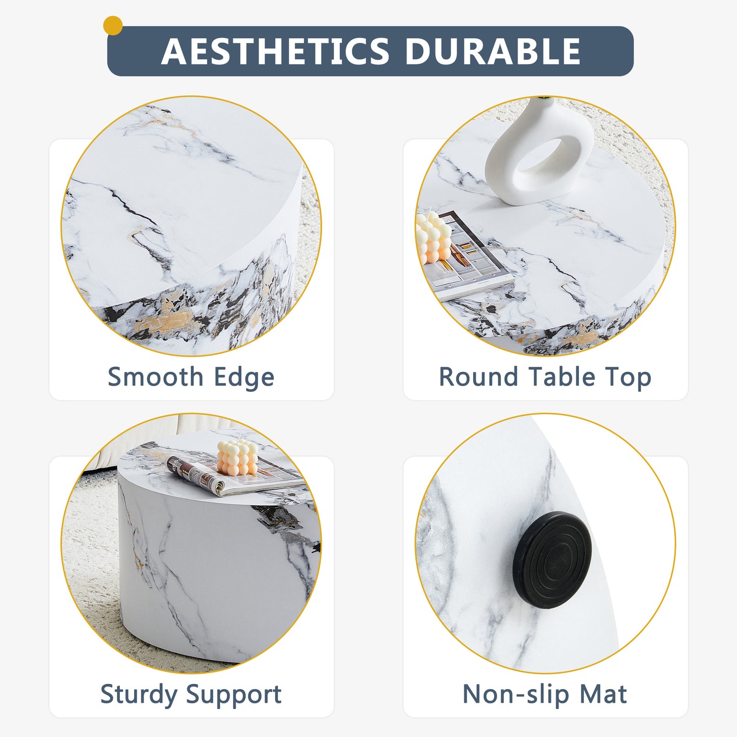Simple White MarbleTexture Round MDF Coffee Table,23.6inDiameter