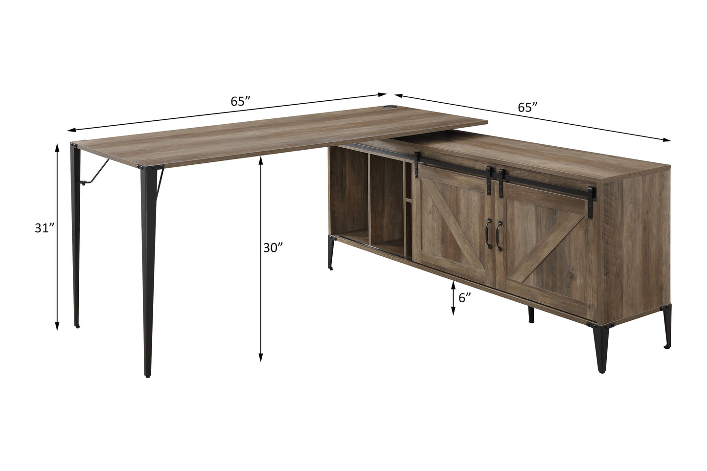 L-Shape Rustic Oak & Black Writing Desk with Storage