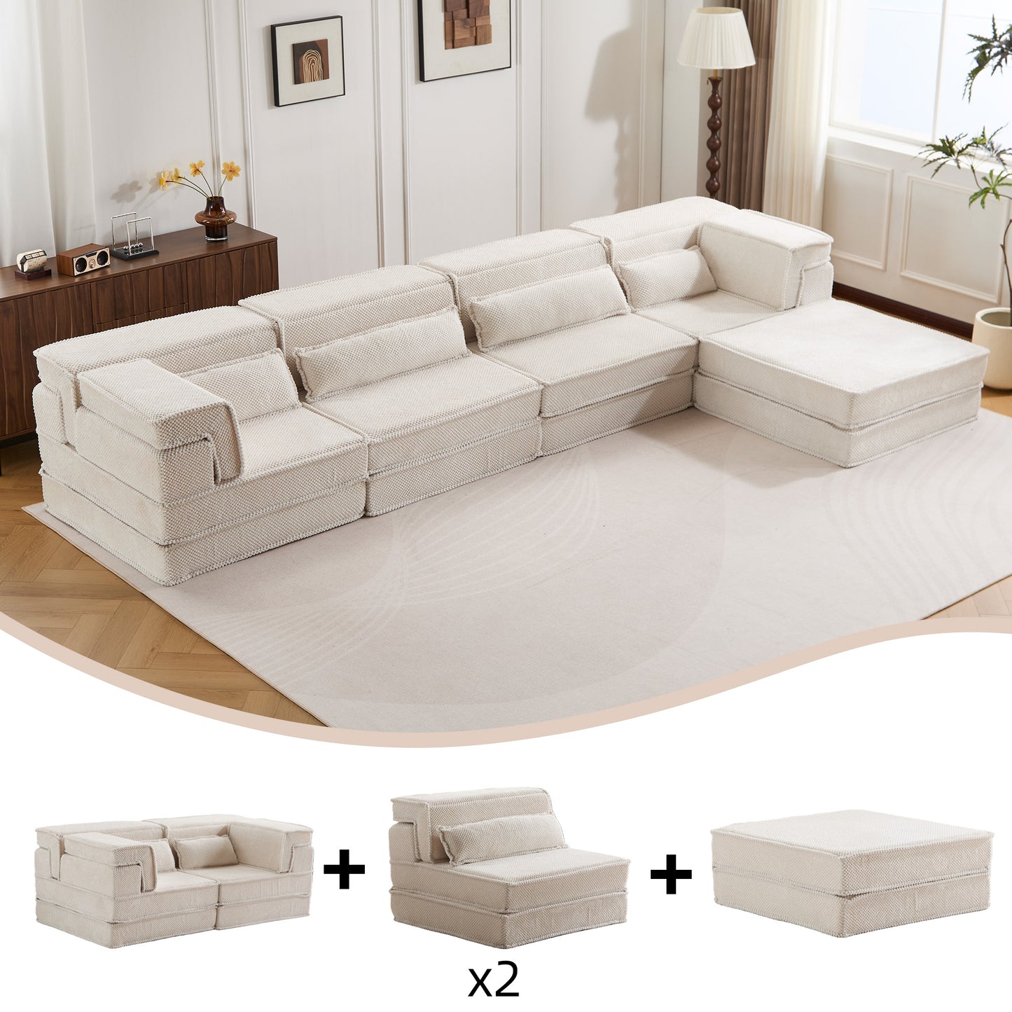 Oversized Modular Sectional Sofa Bed with Ottoman - White