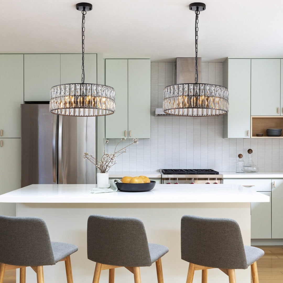Black Crystal Drum Chandelier - 6-Light Pendant Fixture