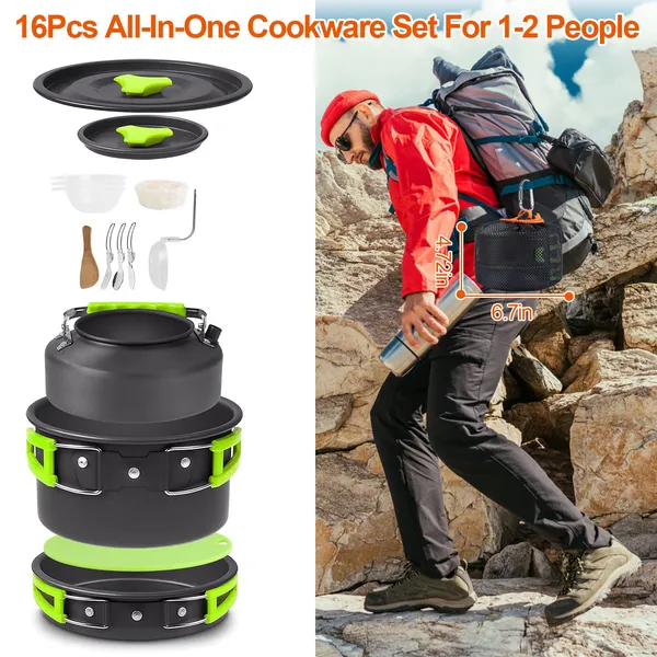 16-Piece Outdoor Camping Cookware Set - Premium Stainless Steel