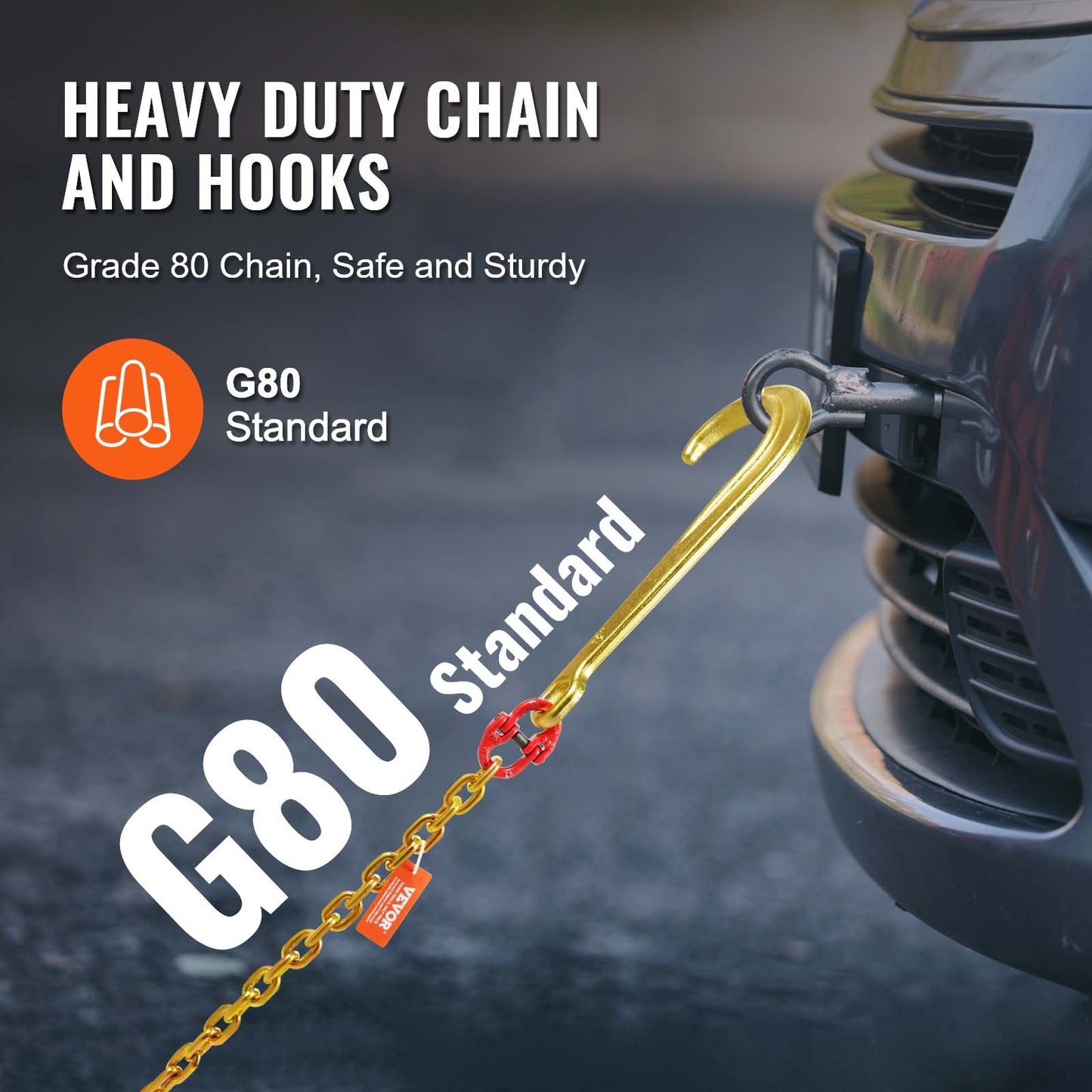 G80 Tow Chain with J Hook and Grab Hooks - Heavy Duty 5400 lbs Capacity, 6 ft