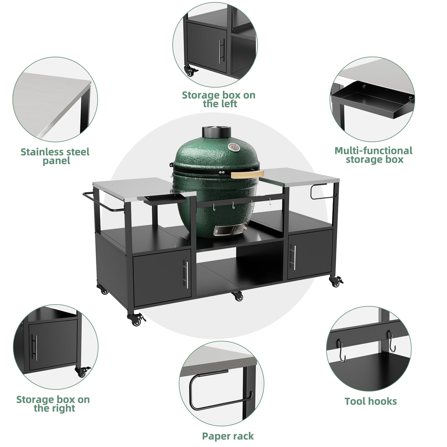 Outdoor Grill Cart for Big Green Egg & Kamado Joe - Metal BBQ Table with Storage