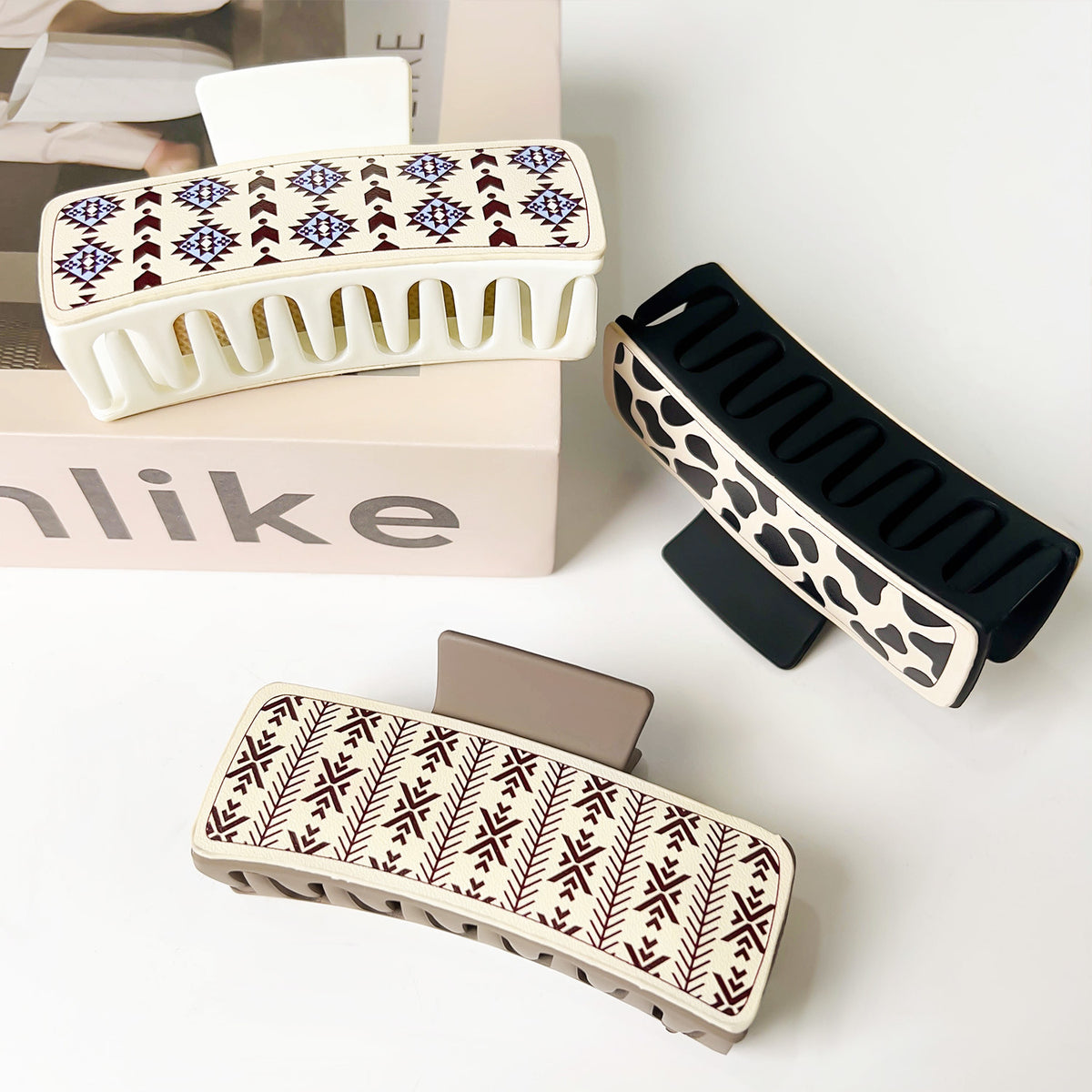 Western Denim Style Leather Hair Barrettes with Retro Printed Designs