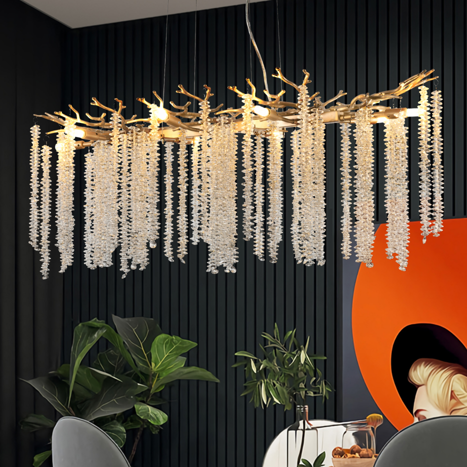 39-Inch Modern Gold Pendant Light with Cascading Crystal Strands - Living & Dining Room Fixture