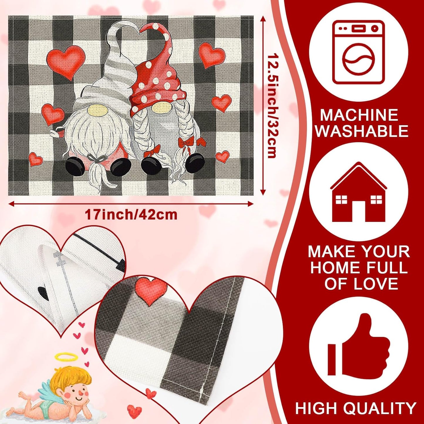 Valentine's Day Placemats Set of 4 - Gnomes & Hearts, 17x12.5 In