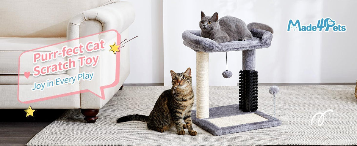 Small 4-in-1 Cat Tree Tower with Self-Grooming Brush & Sisalg Scratching Post - Grey