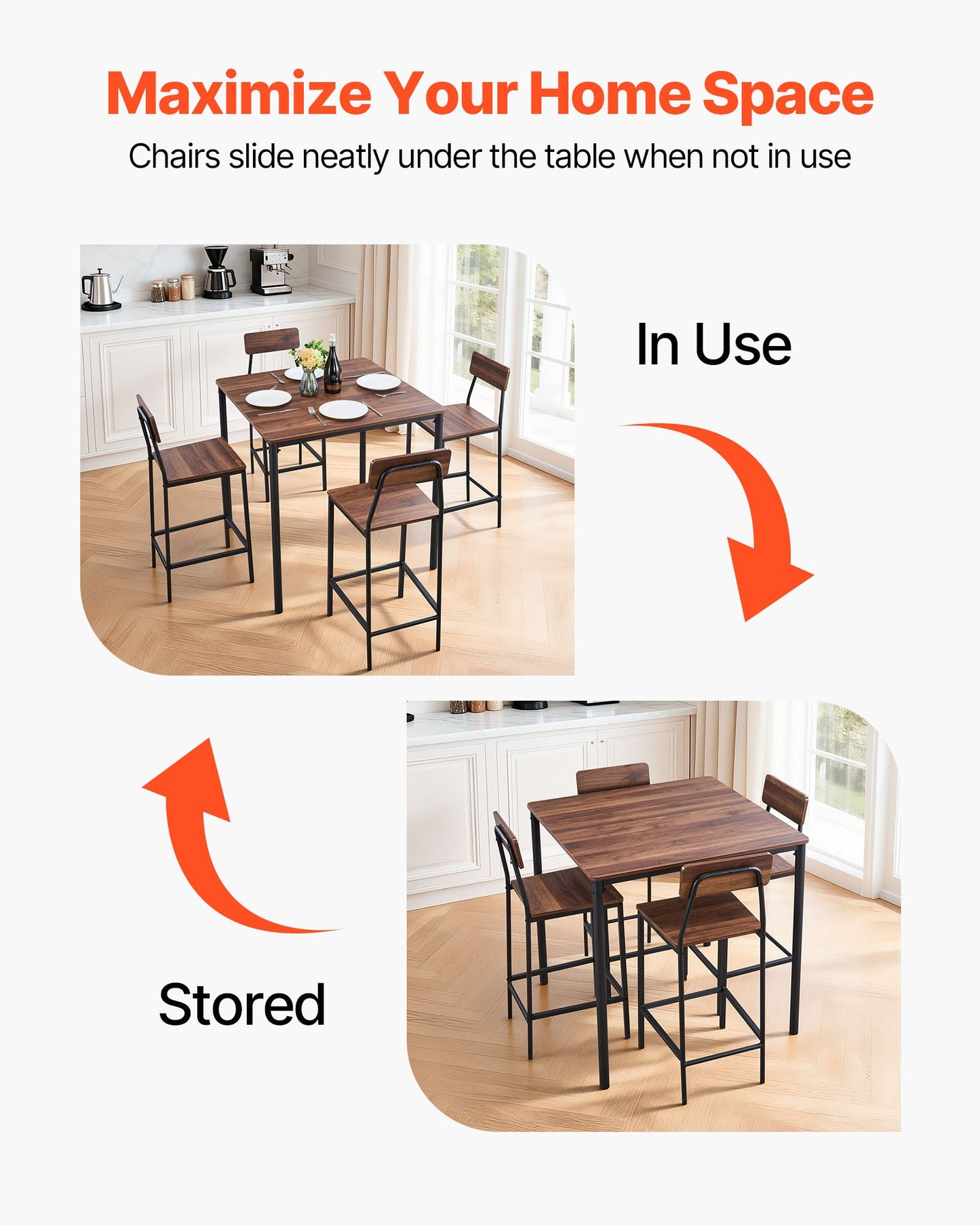 5-Piece Bar Table and Chair Set - 35-Inch Pub Dining Set with Rounded Edges, Walnut & Black Finish