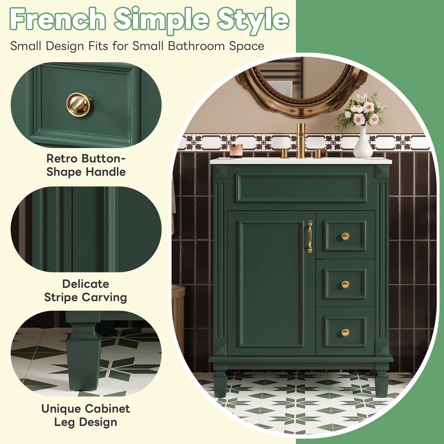 24 Bathroom Vanity With Ceramic Sink, Small Sink Cabinet, Modern