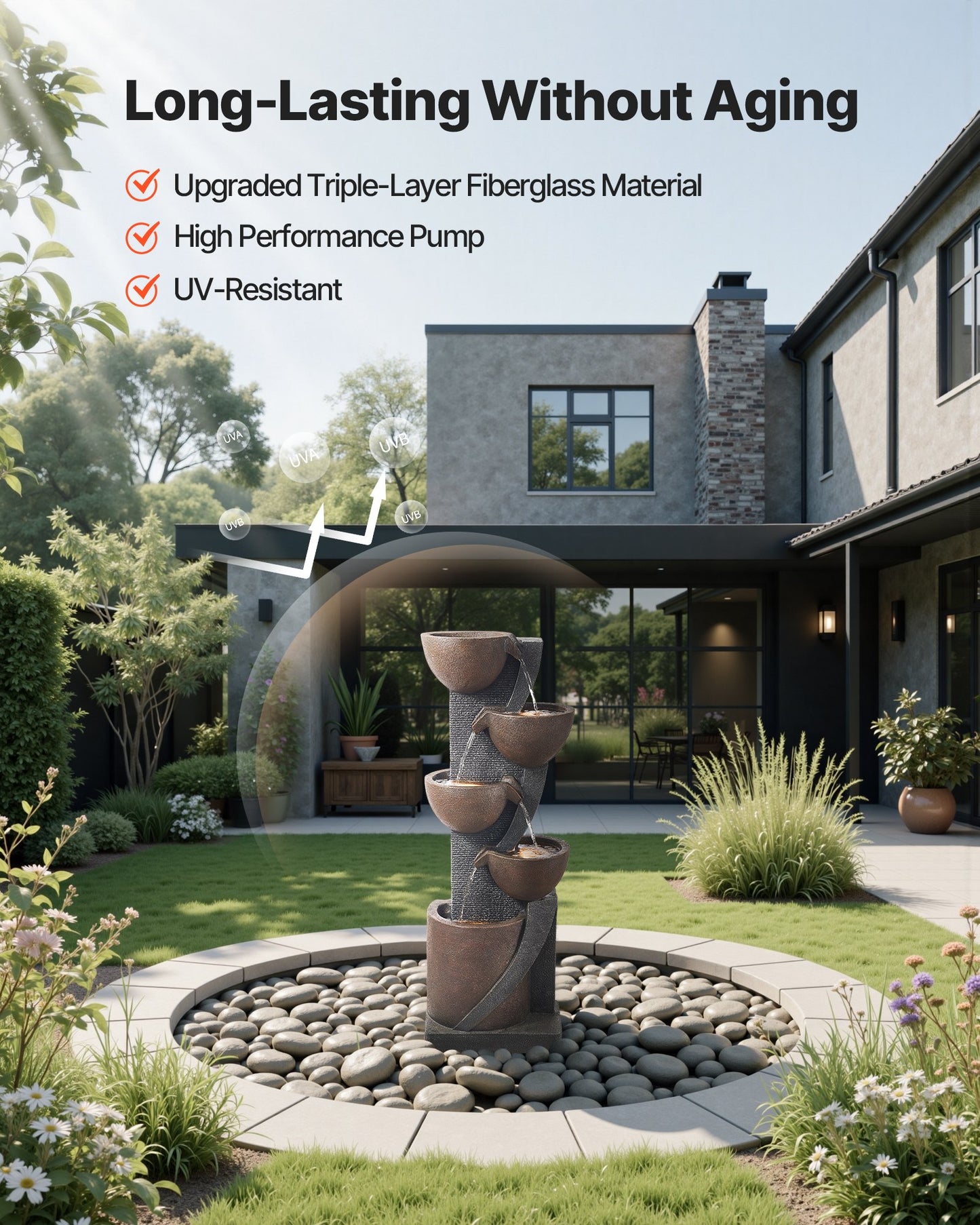 Outdoor 5-Tier Jar Water Fountain for Garden & Patio - Cascading Design, Brown