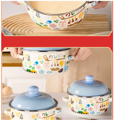 Double-Handled Enameled Noodle Bowl with Lid & Heat-Resistant Oil Can - Multi-Color Set