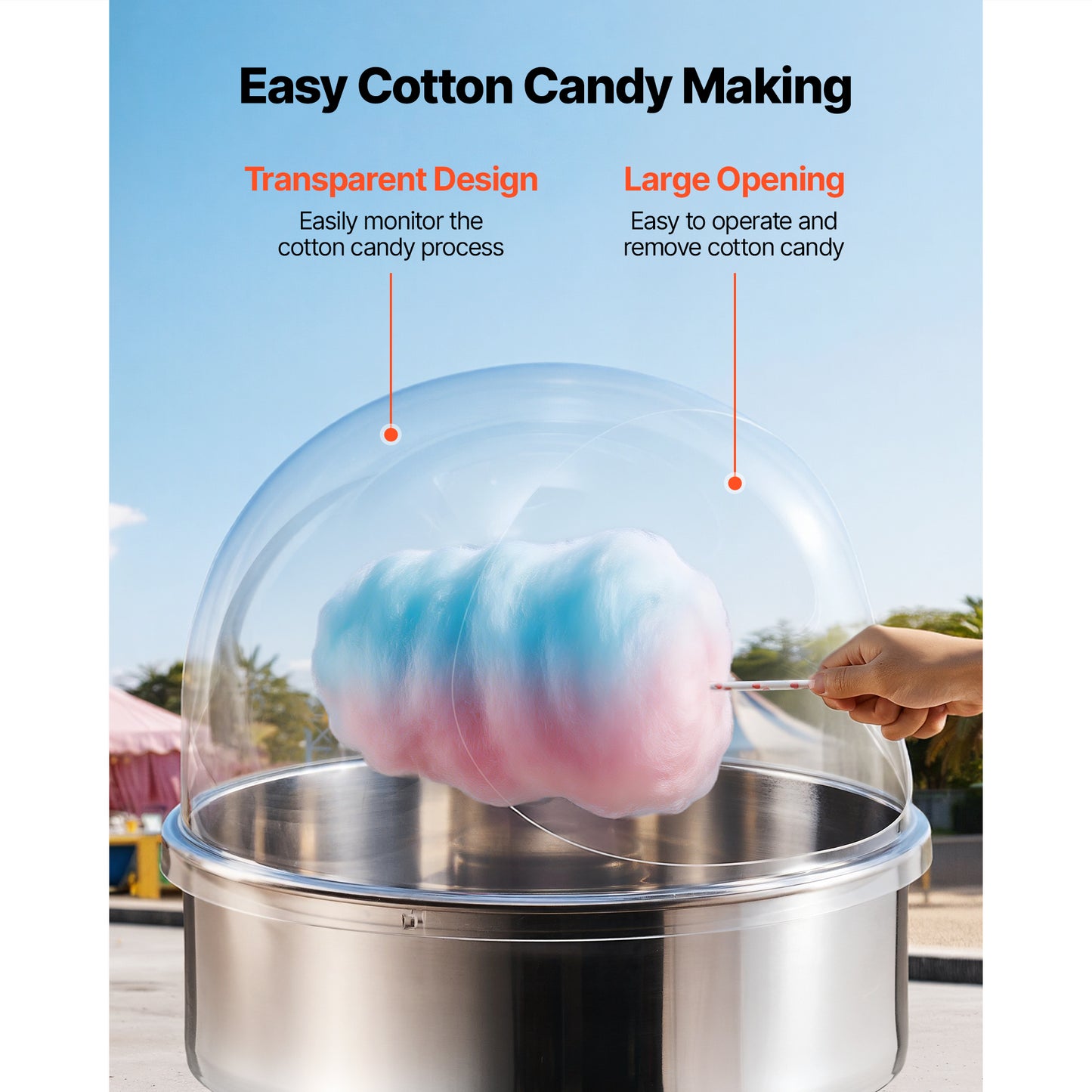 Cotton Candy Machine Cover with Transparent Acrylic Dome Bubble Shield - Fits 20.5in Bowl