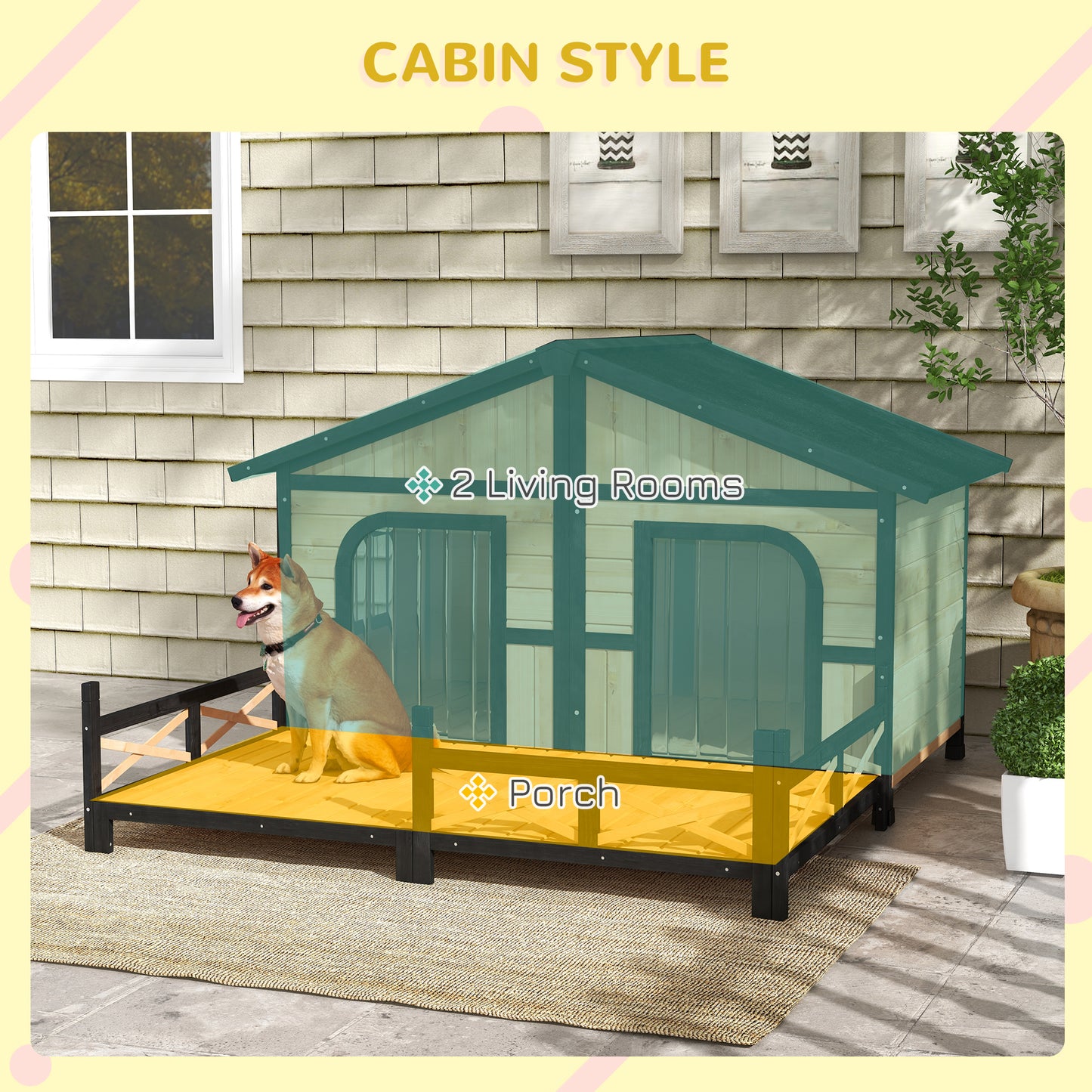 Large Wooden Dog House - Raised Weatherproof Rustic Log Cabin Style Pet Shelter