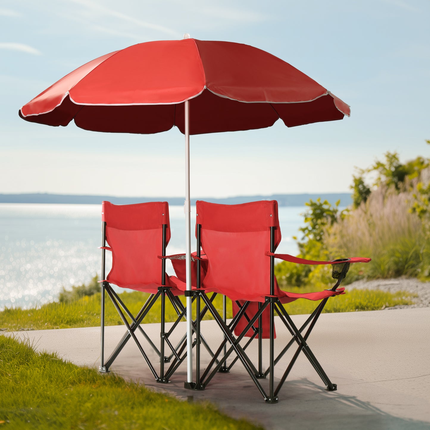 Folding Double Camping Chair with Removable Umbrella & Cup Holders - Red
