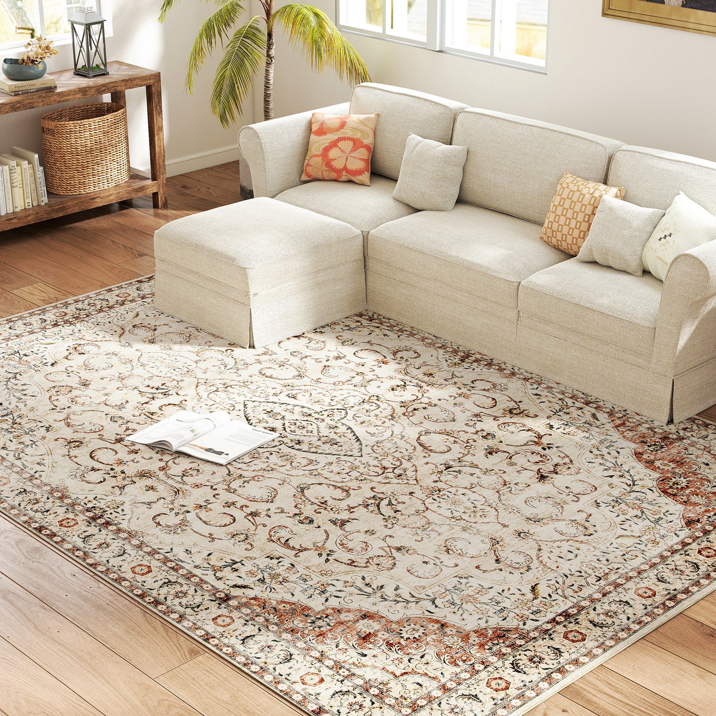 Machine Washable Area Rug 8x10 - Non-Slip Floral Print