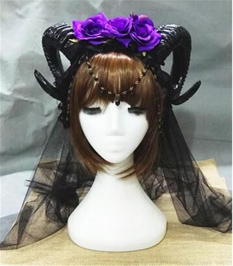 Halloween Vampire Headband with Roses and Horn Veil - Festive Hair Accessory