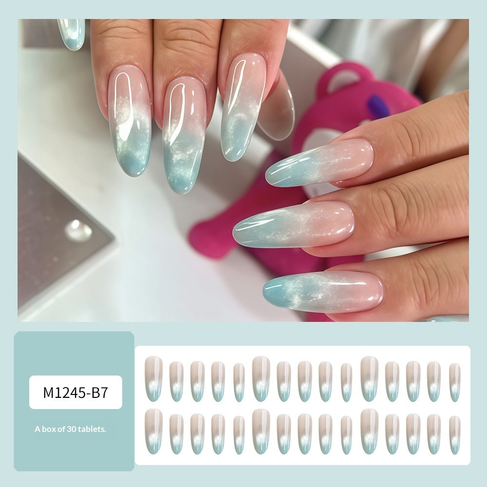 Long Oval Press-On Acrylic Nail Art Kit with Blue Gradient & Cat-Eye Effect - Includes Glue & Nail File