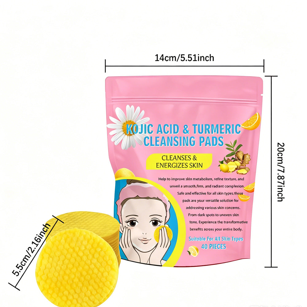 Turmeric Kojic Acid Cleansing Pads - 40 Count Exfoliating Face Wipes