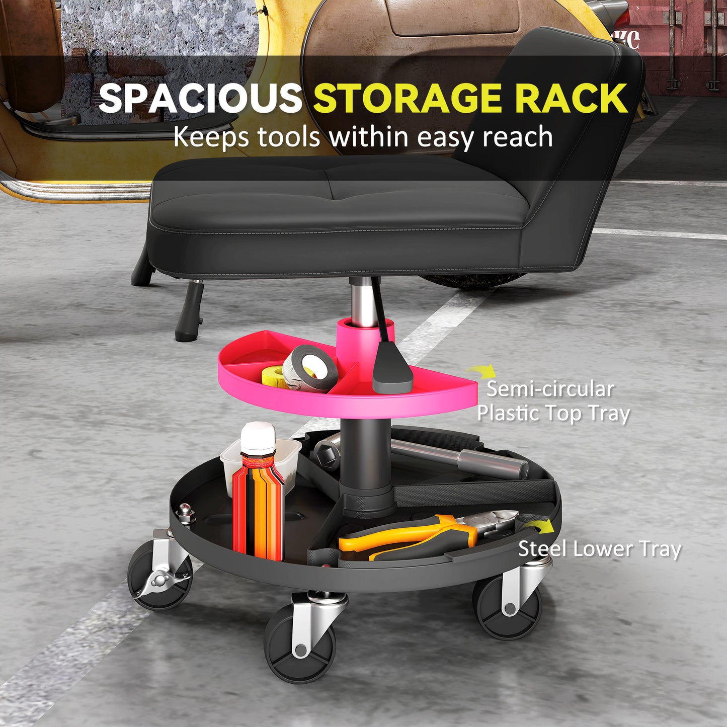 Garage Rolling Stool with Tool Tray - Adjustable Height, 300 LBS Capacity, Black
