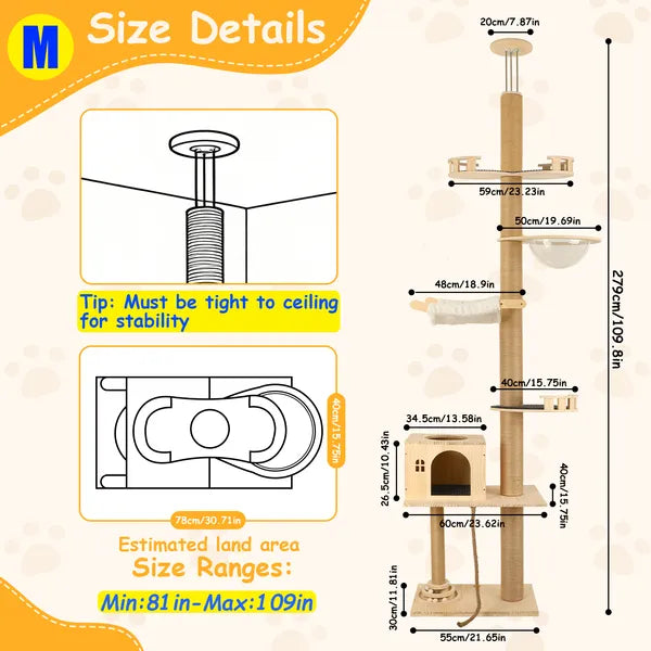 Adjustable Floor to Ceiling Cat Tree with Multi-Level Climbing Tower, Scratching Posts, Cozy Hammock & Transparent Capsule