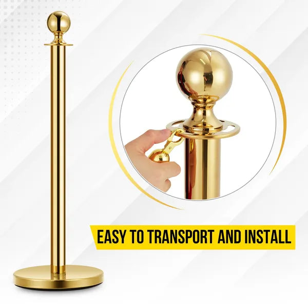 Gold Stainless Steel Stanchions with Red Velvet Rope - 4 Pcs