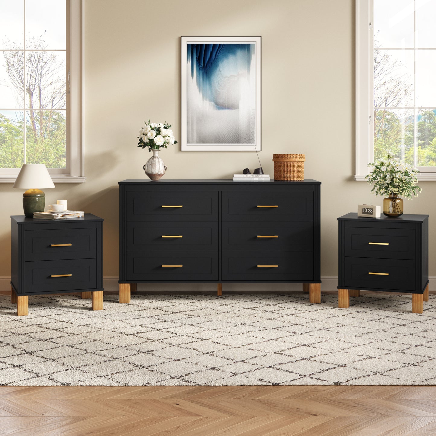 2 Drawer Nightstand with Elegant Fluted Design - Black