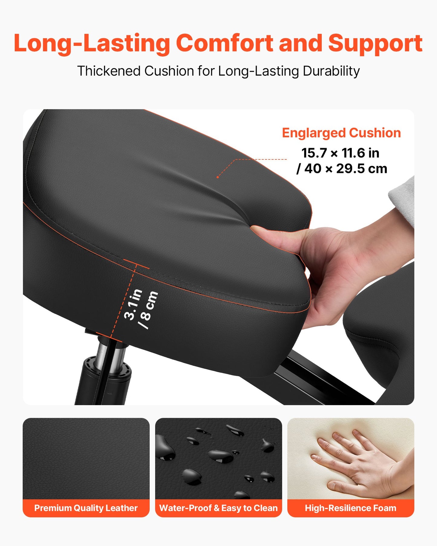 Ergonomic Kneeling Chair with Wheels, Adjustable Posture Seat for Home & Office, Thick Foam Cushions - Black