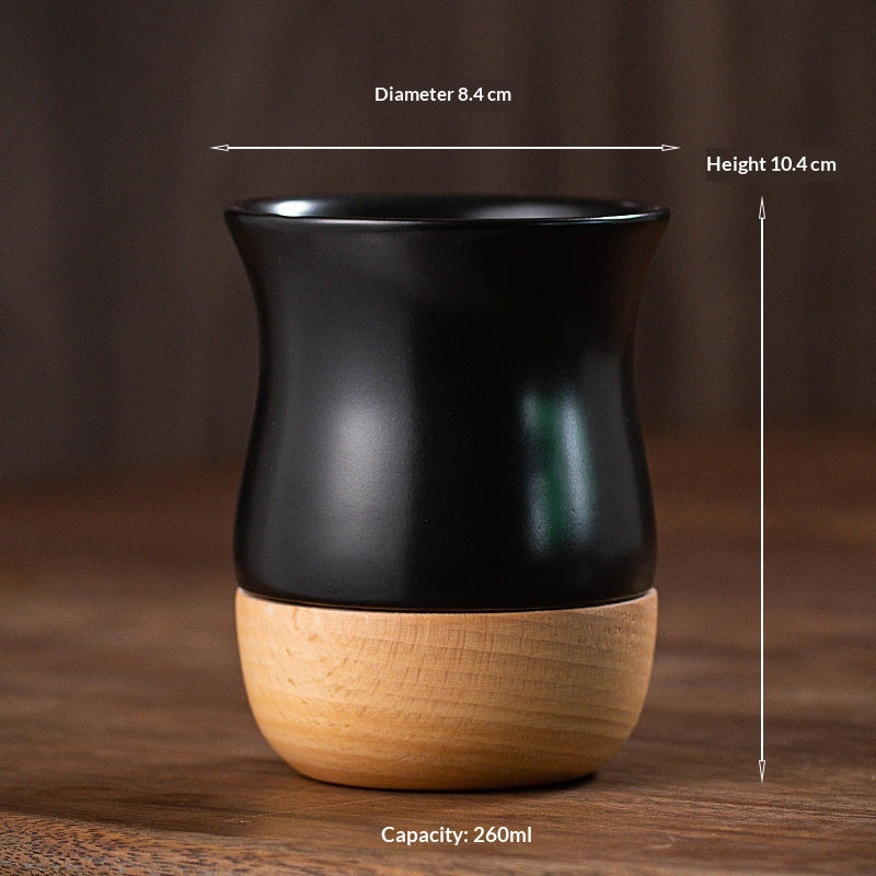 Retro Solid Wood Base Stoneware Coffee Mug 260ml - Multiple Colors