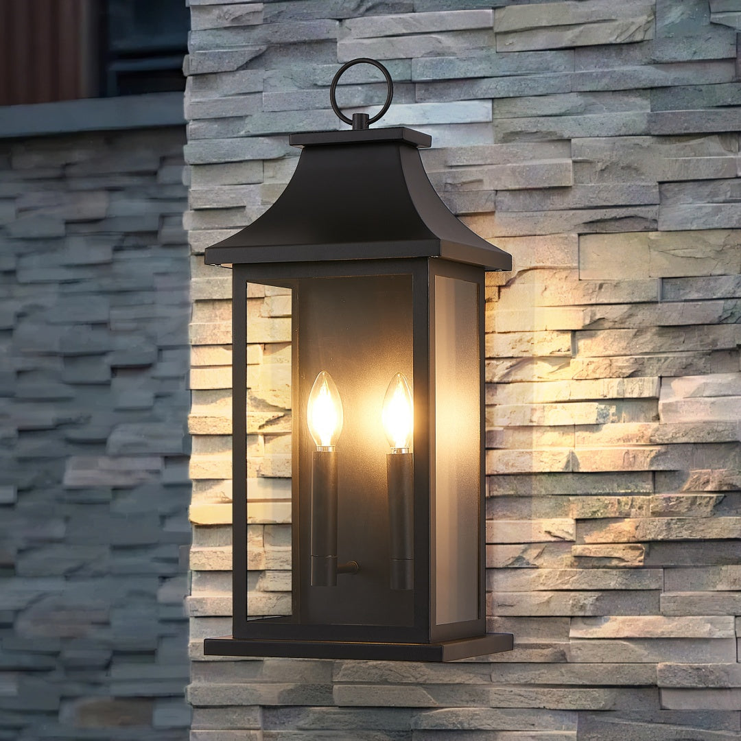 Large 22-Inch Outdoor Wall Lantern Two-Light Black Sconce with Glass Waterproof Fixture