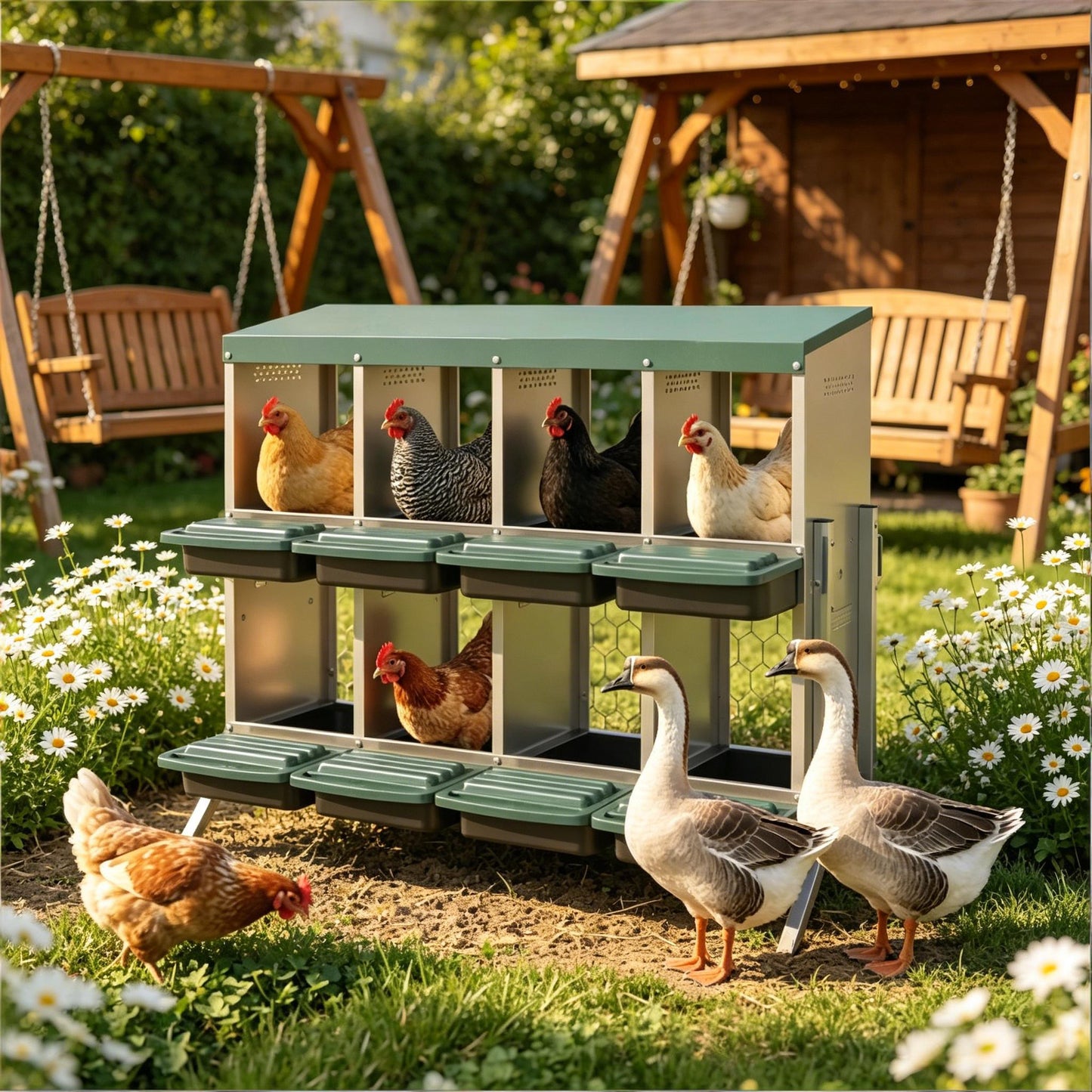 Chicken Nesting Boxes with 8 Ventilated Compartments - Black, Green, Silver