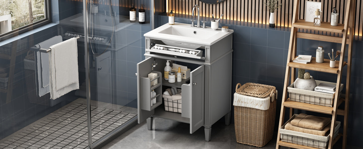24-Inch Gray Bathroom Vanity with Soft-Closing Doors & Drawer