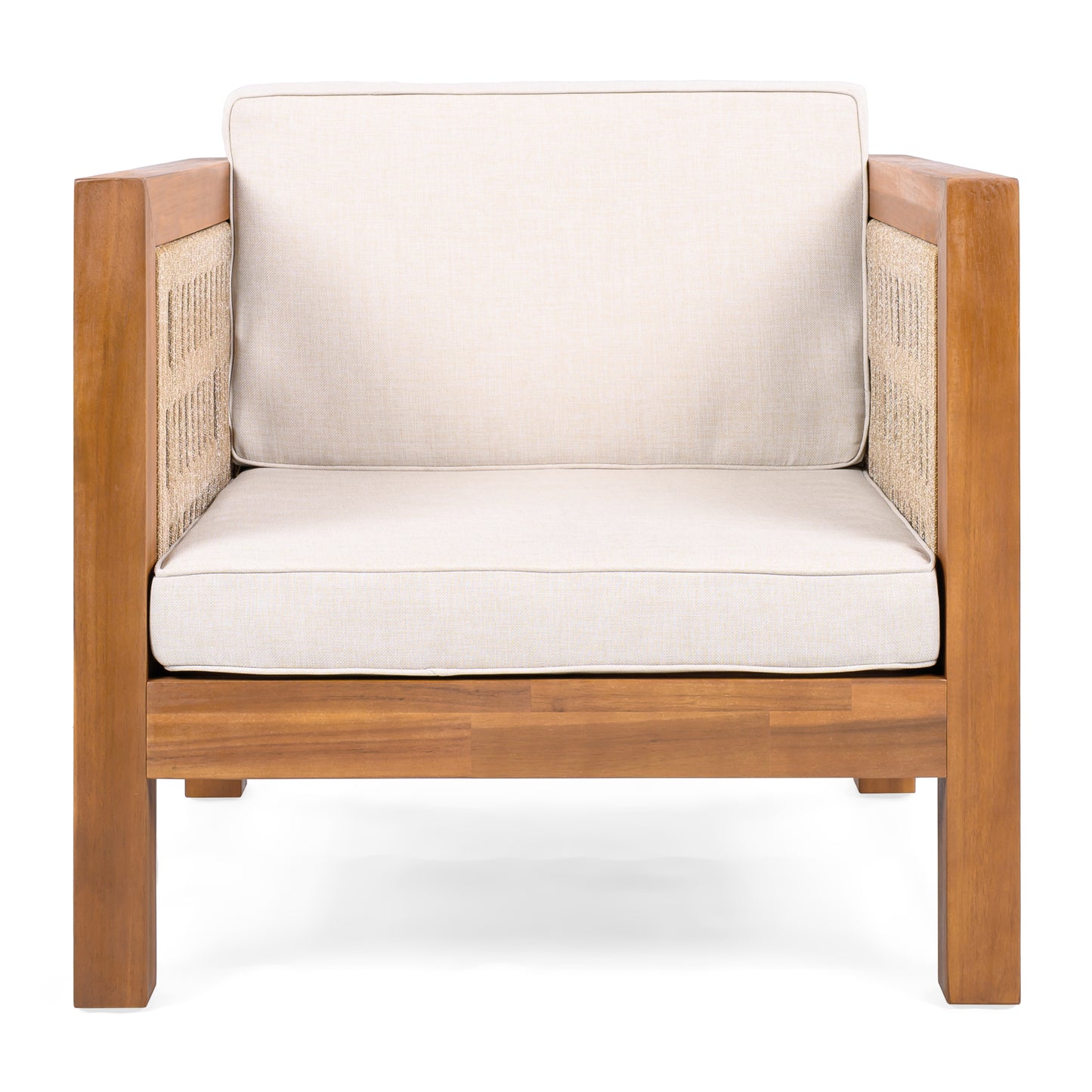 Acacia Wood Outdoor Club Chair with Beige Cushions & Rope Arms