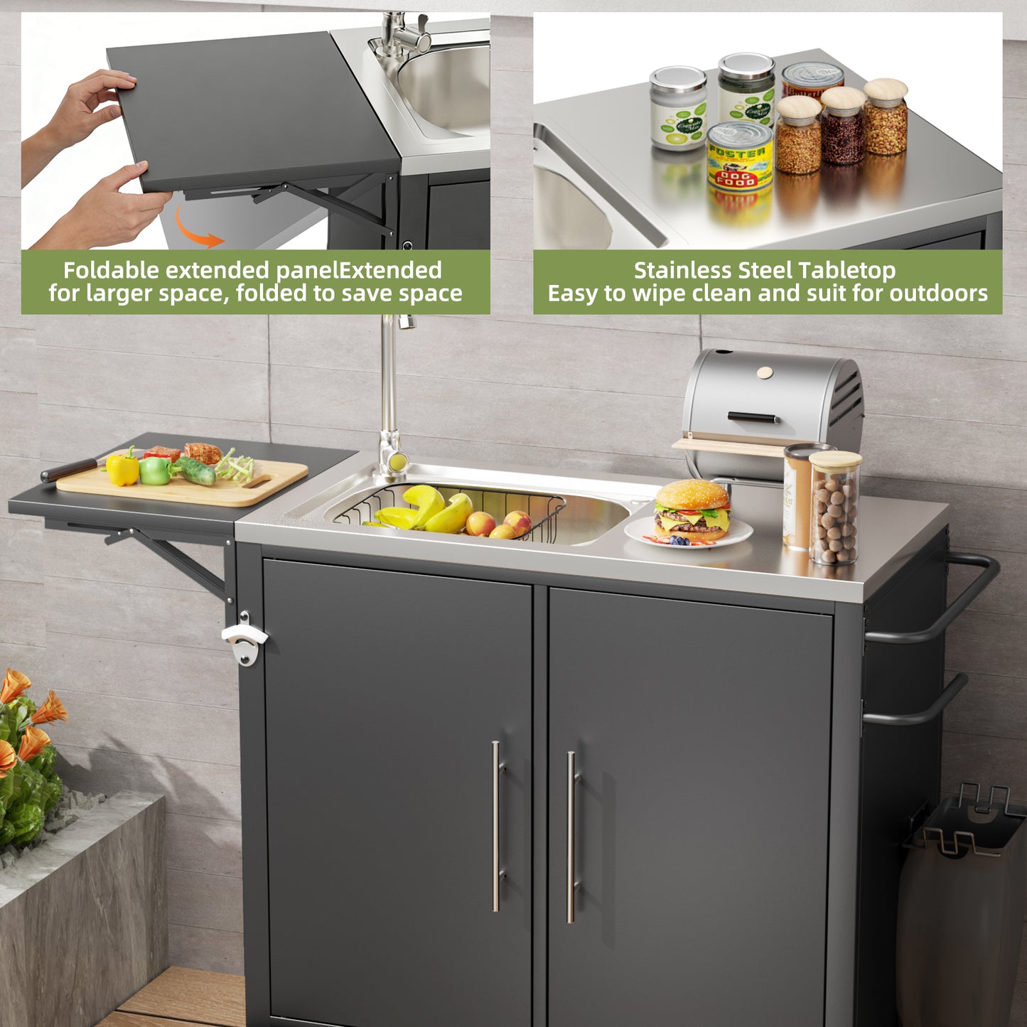 Outdoor Grill Table with Sink and Storage Cart - Metal Worktable for Garden & Backyard