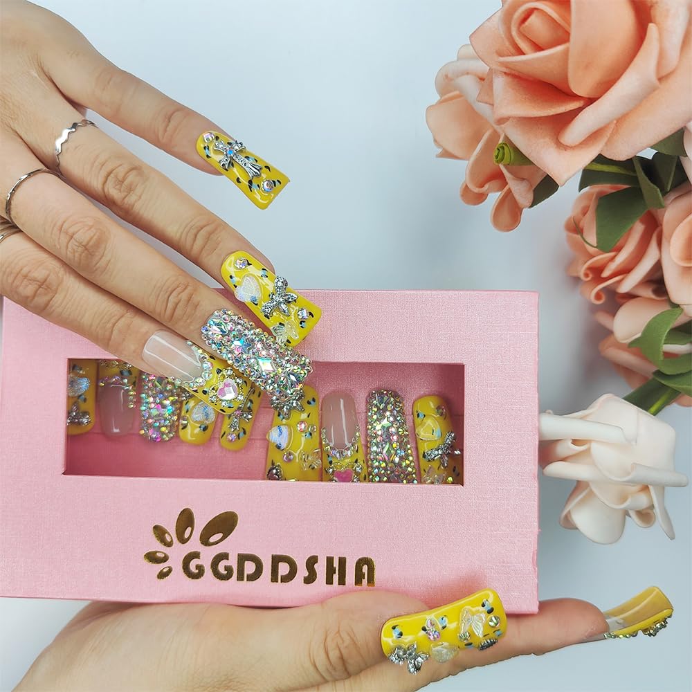 Duck Shape Press-On Nails - Handmade Acrylic Rhinestone Butterfly Design