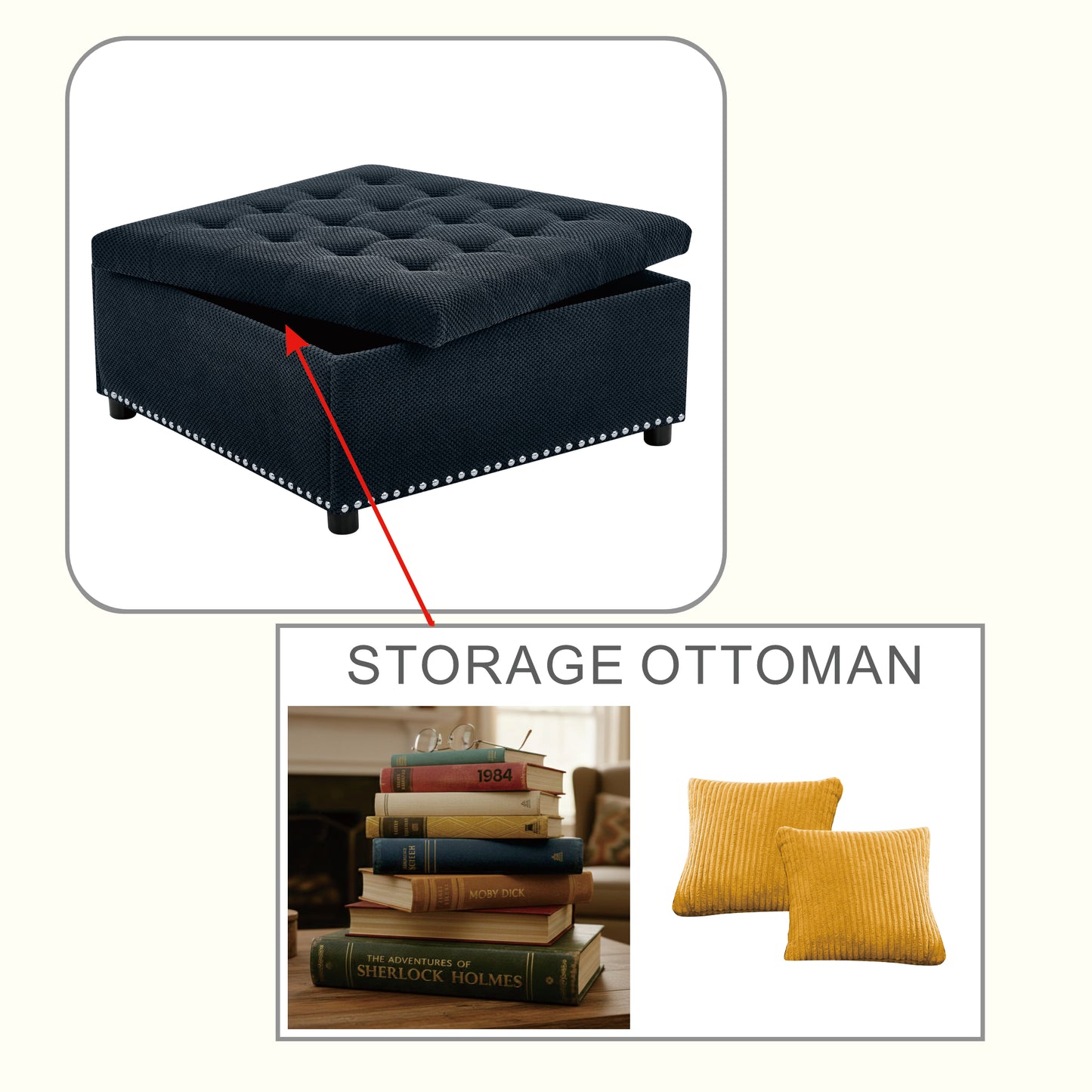 Tufted Black Storage Ottoman with Nailhead Trim - Square Bench