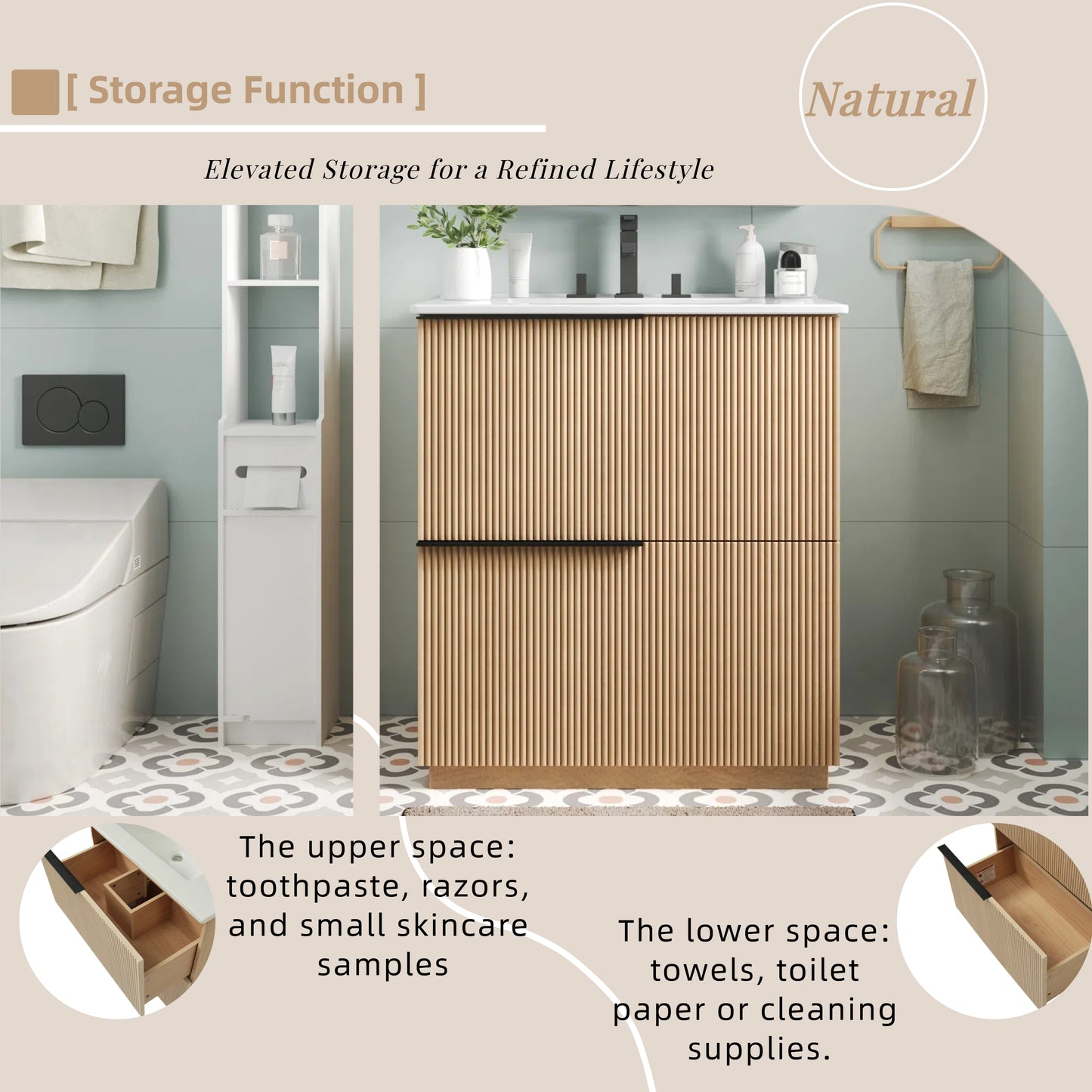 30" Bathroom Vanity with Ceramic Sink & Full-Extension Drawers - Natural
