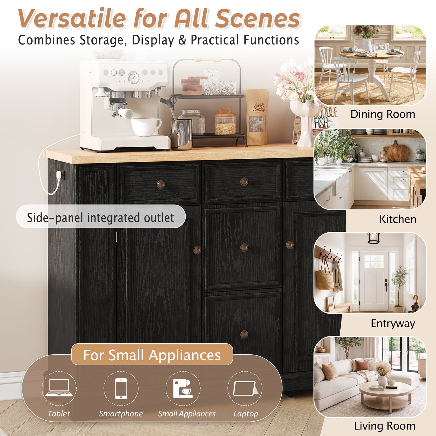 Buffet Cabinet with Storage - 5 Drawers, 2 Cabinets, Adjustable Shelves - Black
