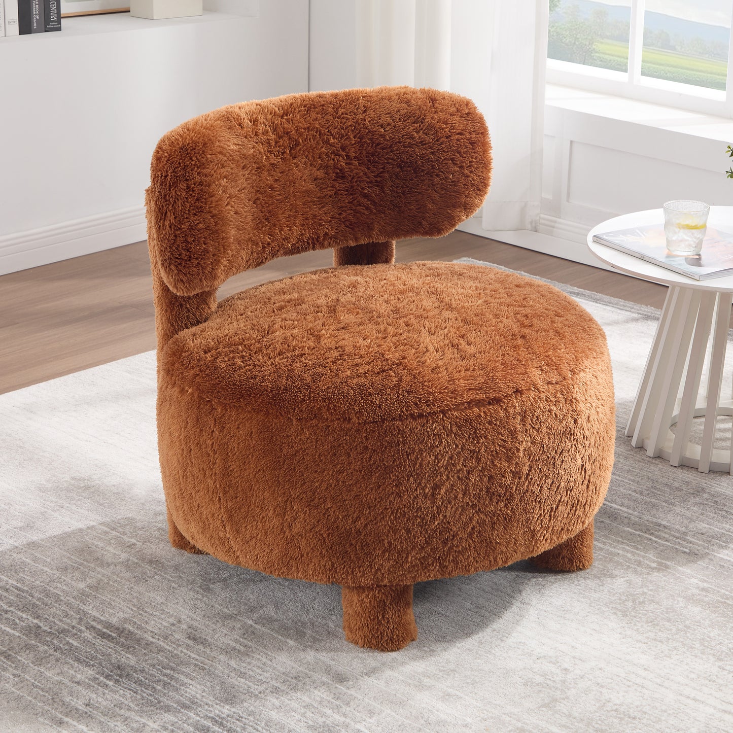 Curved Backrest Armless Accent Chair - Khaki Fur Upholstery