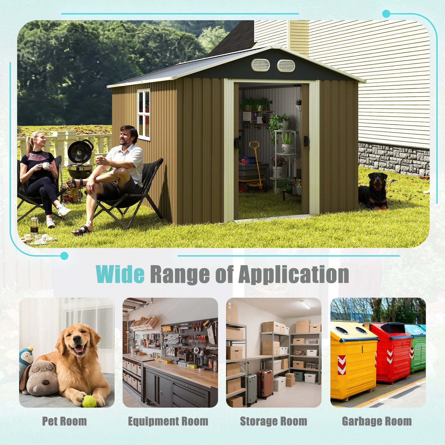 Outdoor Metal Storage Shed 8x12 FT with Lockable Door - Brown