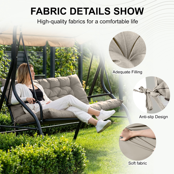 Outdoor Swing Cushions 70 Inch Waterproof 4in Thick Replacement with Backrest & Ties - Garden Porch Seat Pad, Khaki