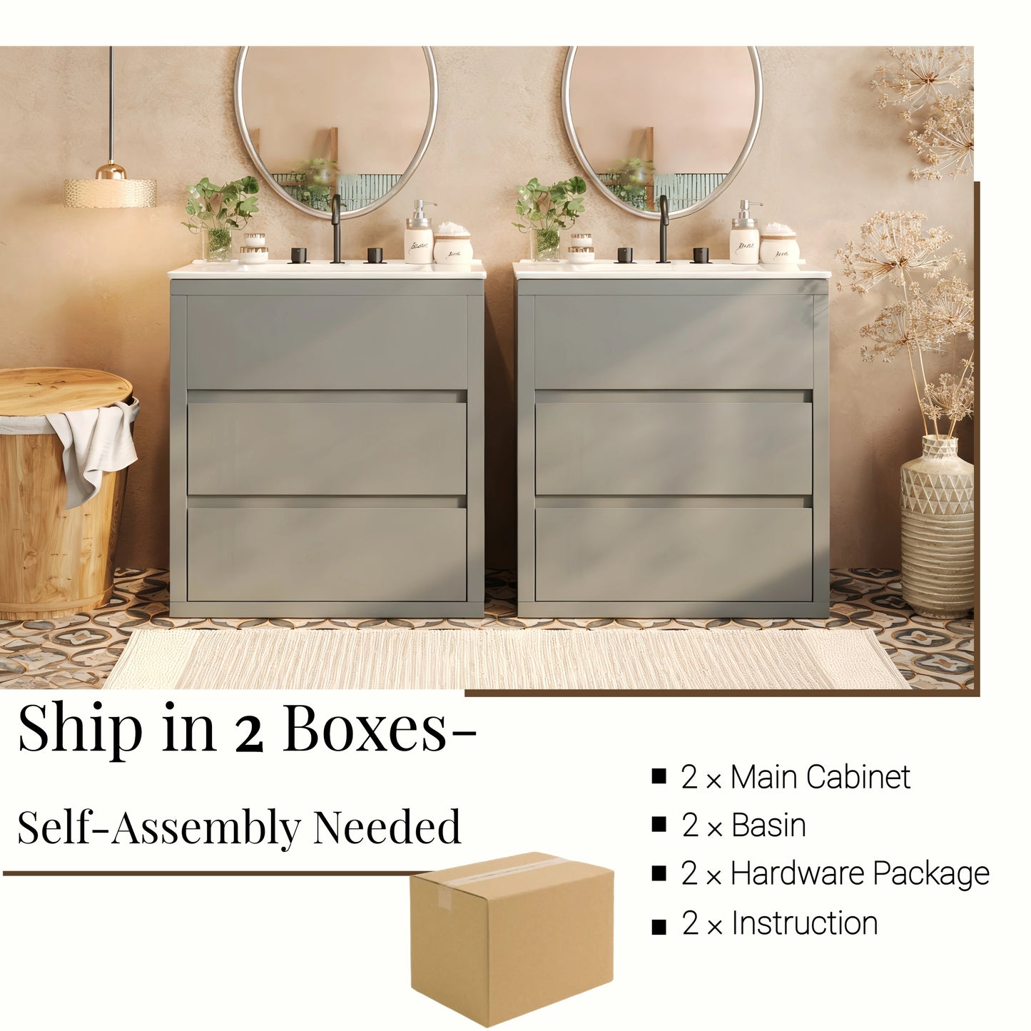 60" Double Sink Bathroom Vanity Set with Ceramic Sinks - Gray